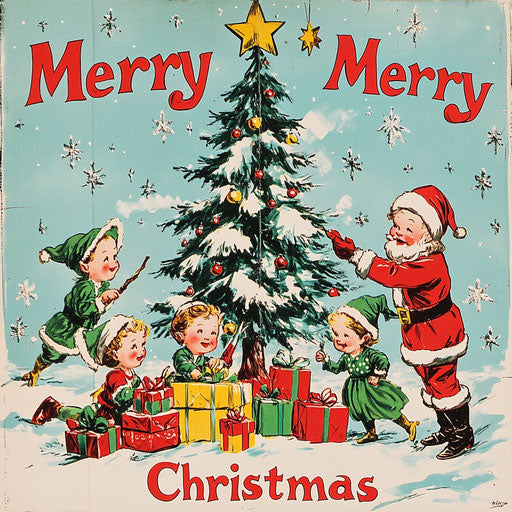 Merry Christmas in child's block letters with drawings