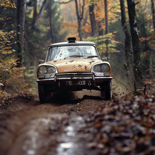 Modified Citroen DS 20 jumping over hill in rally