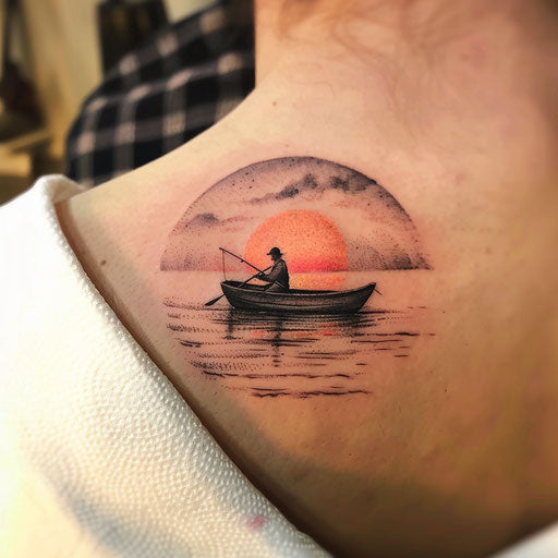 Classic sunset tattoo with fishing boat on serene lake