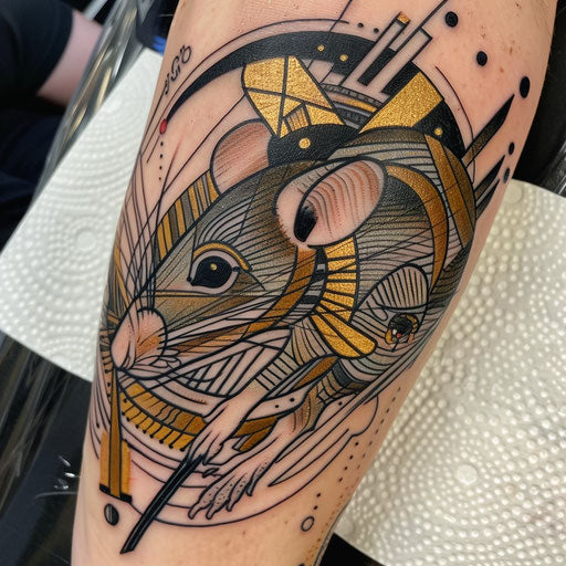 Dramatic tattoo sketch of a rat in an art deco style