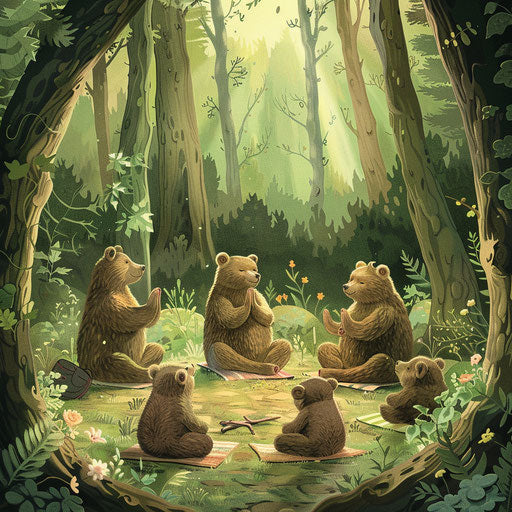 Bears practicing yoga in a serene forest clearing