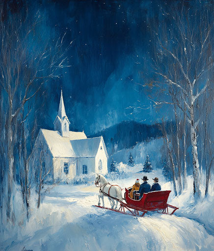 White horse pulling an old red sleigh with two people inside