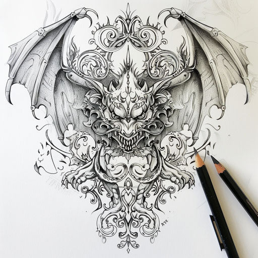 Detailed gargoyle tattoo sketch with gothic elements