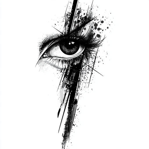 Eye tattoo on arm with abstract brushstroke accents