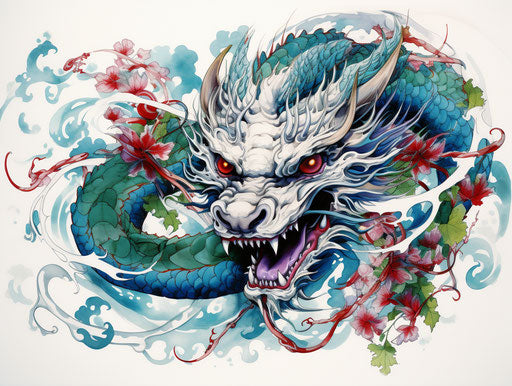 Blue dragon in dark emerald and dark crimson style