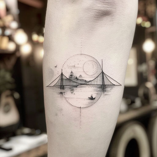 Bridge connecting two worlds in a line art tattoo