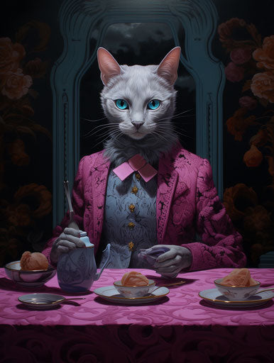 Grey cat on wooden dining table, dark magenta and light blue style, detailed and masculine