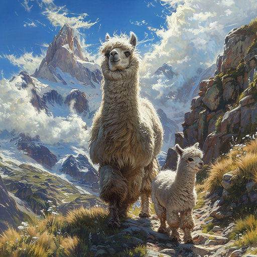 Alpaca and offspring on challenging mountain trail