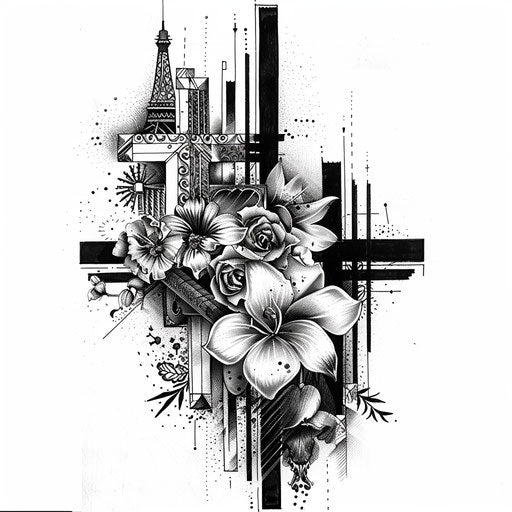 Chic sketch of a cross stitch tattoo with Parisian elements and black and white stripes