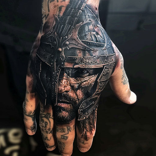 Men's hand tattoo with realistic warrior portraits