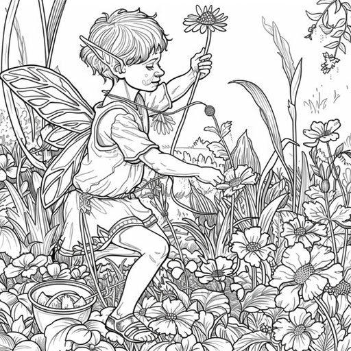 A garden elf tending to magical plants and flowers. Coloring book page