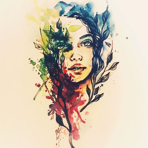 Watercolor tattoo design of Persephone, with splashes of color blending organically, set against a stark white background