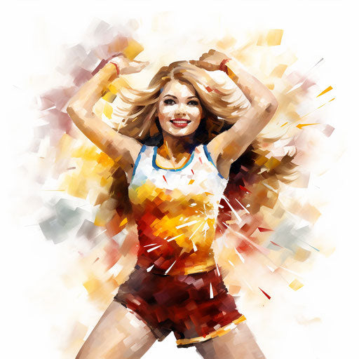 Cartoon cheerleader in the style of an oil painting, on a white background