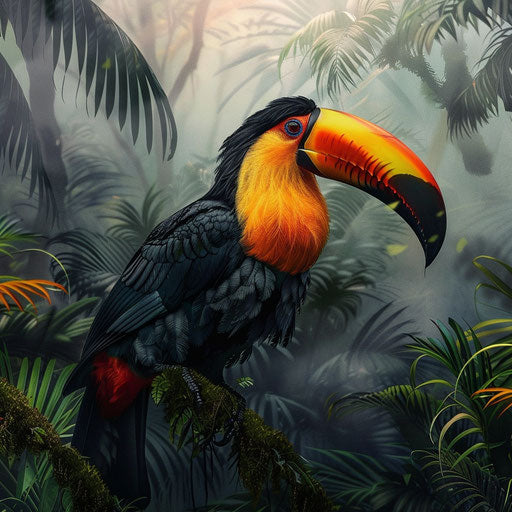 Colorful toucan in misty jungle