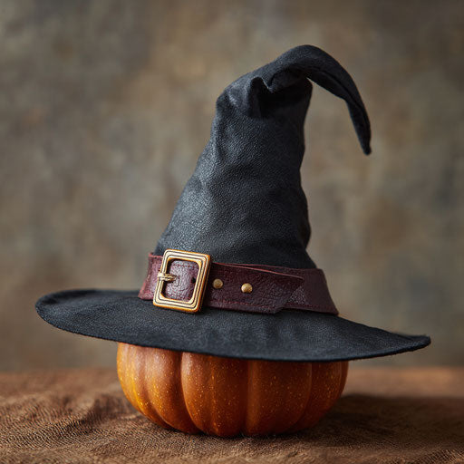 Witch's hat perched atop a carved pumpkin