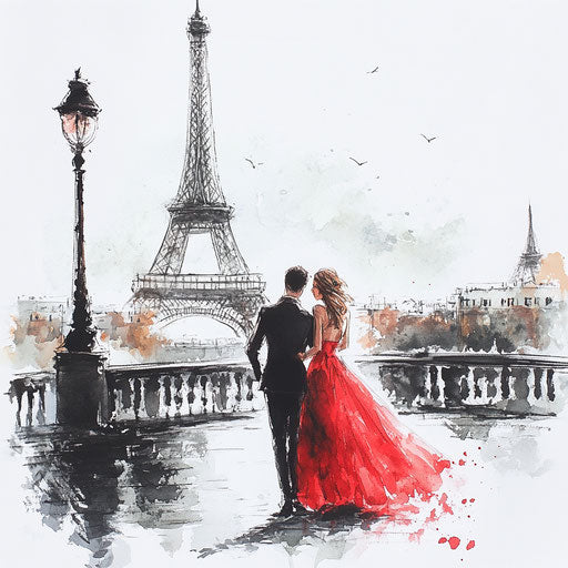 Watercolor of Paris with lovers by Eiffel Tower
