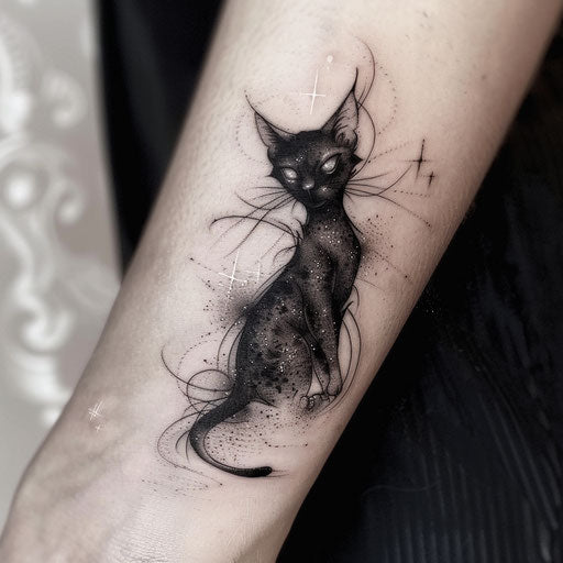 Fantasy black cat tattoo with magical elements and ethereal glow