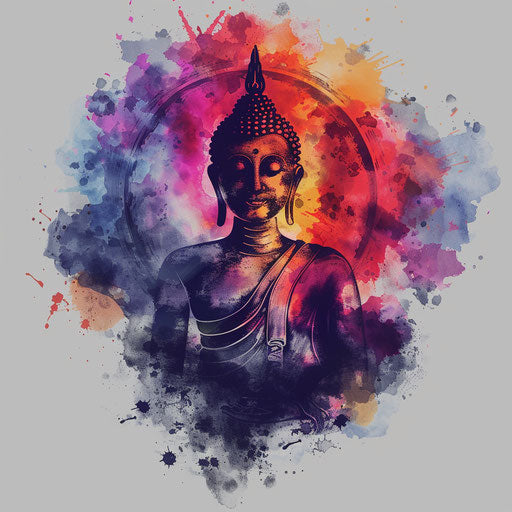 Buddha in a circle, surrounded by watercolor designs