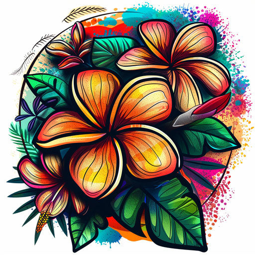 Exotic flat tattoo sketch of plumeria with vibrant jungle patterns