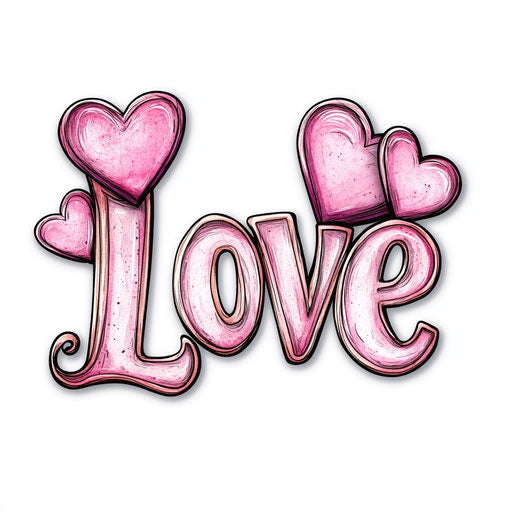 Pink 'Love' word with hearts, white background, cute design