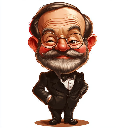 Humorous caricature of a Louis Pasteur clipart with rosy cheeks, small feet, shiny finish, vibrant colors, cartoon style, winking, high resolution, isolated