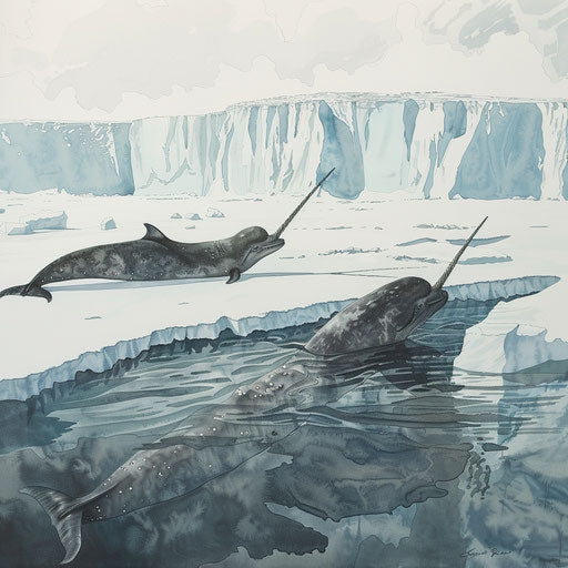 Narwhals on the edge of an ice floe, ready for a deep dive