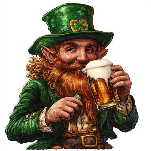 Leprechaun drinking beer for St. Patrick's Day with white background