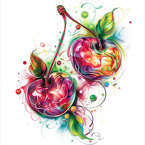 Psychedelic cherry tattoo with swirling patterns
