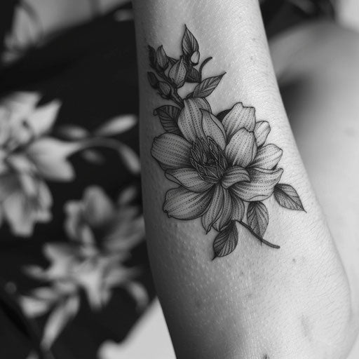 Blackwork floral tattoo with sharp contrast on white backdrop