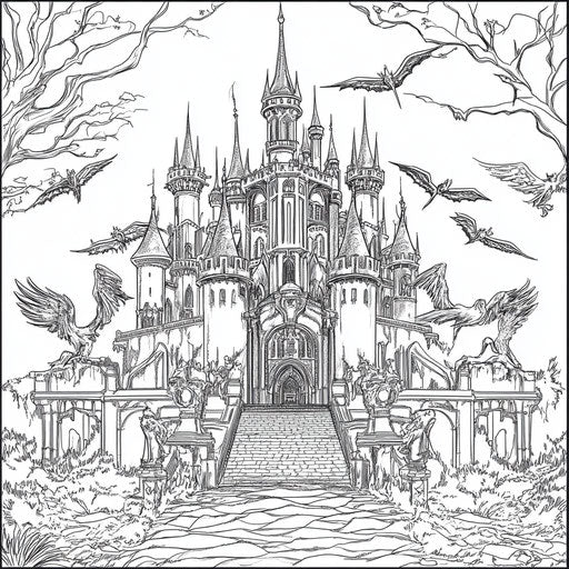 Gothic castle with gargoyles in the style of Teagan White coloring book