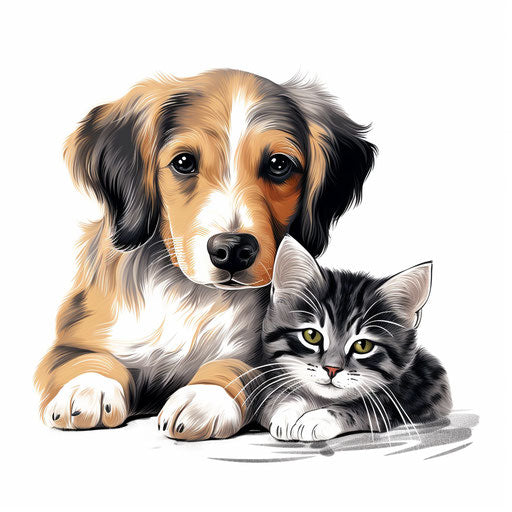 Chiaroscuro: dog and cat on white background