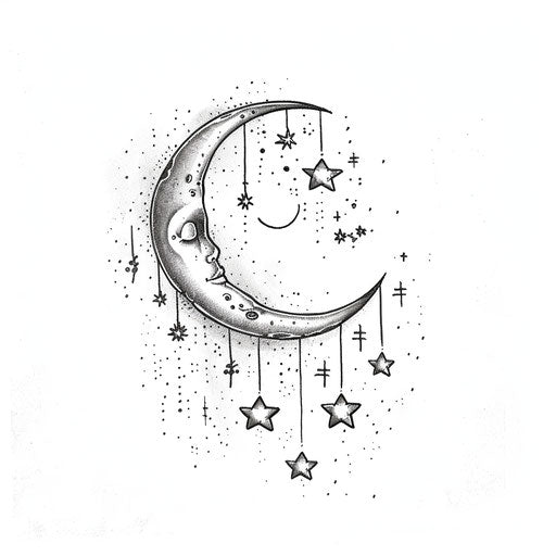 Contemporary fine line tattoo design of a delicate crescent moon with falling stars, on white