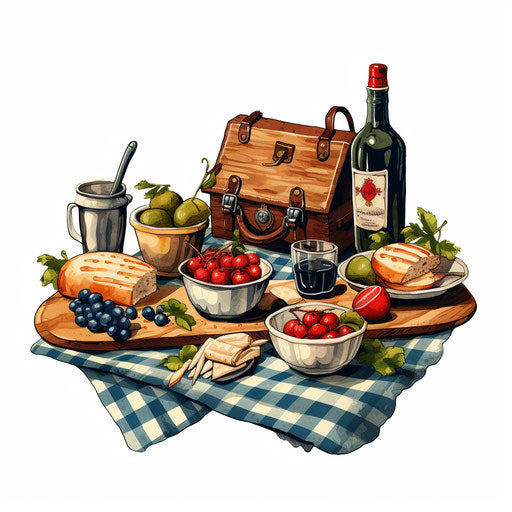 Picnic clipart in the style of Chiaroscuro Art, on white background
