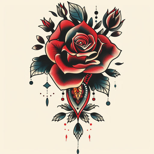 Flat tattoo sketch of a gypsy rose with bold, stencil-style and a boho chic flair