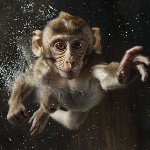 Rhesus monkey captured in playful action