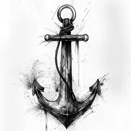 Illustration of a classic anchor sailor tattoo design in bold black ink on pure white background