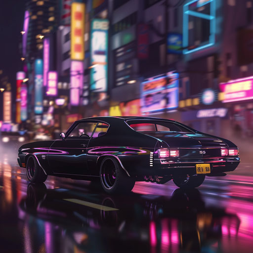 Sleek matte black 1977 Chevelle cruising city street at night