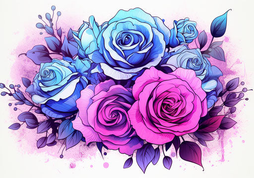 Violet and blue roses on white background, neon style, pointillism