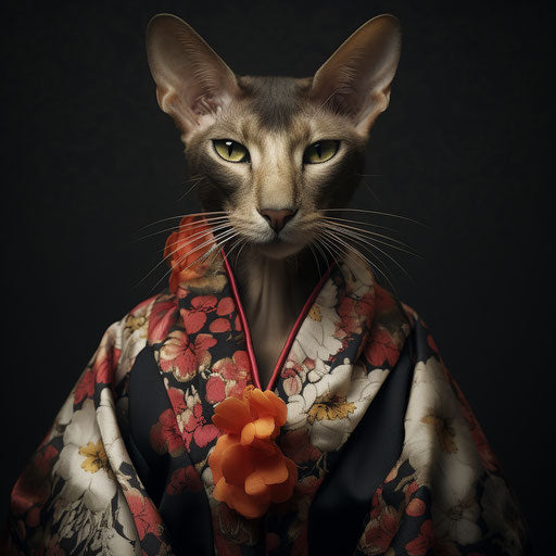 Oriental shorthair cat dressed as a woman