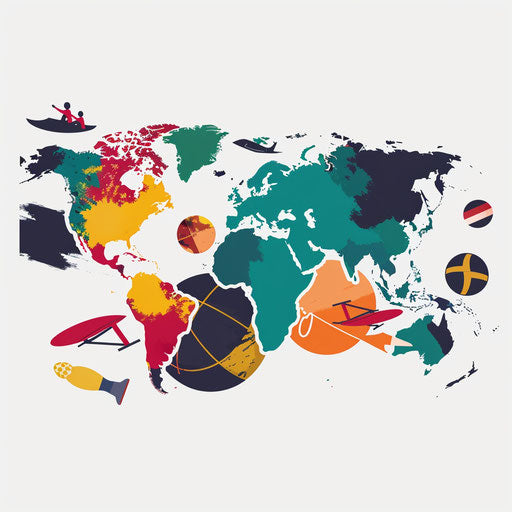 Sports-themed map logo with elements of various sports integrated into the continents, providing space for text