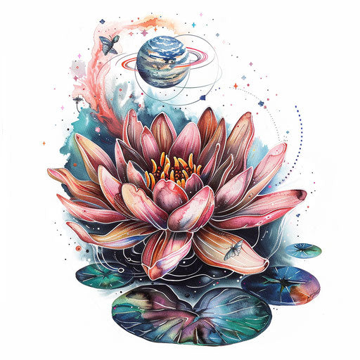 Space water lily tattoo, cosmic elements and colors