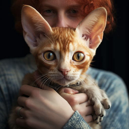 Devon rex cat being held by its owner