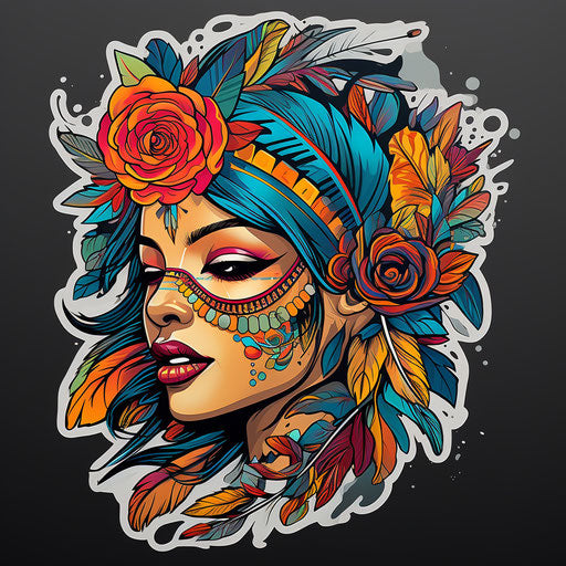 Girl tattoo bird wing flower colorful style strong expression