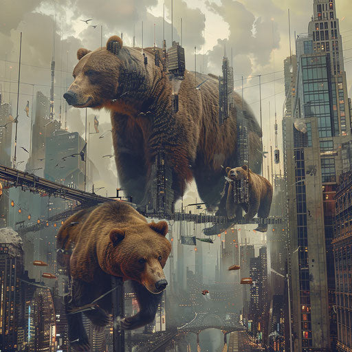 Surreal landscape with giant bears in the city