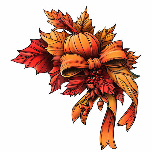 Seasonal tattoo sketch of a bow with autumn leaves pattern in orange and red