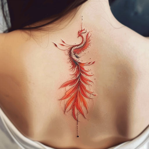 Stylized phoenix spine tattoo in red and orange on white