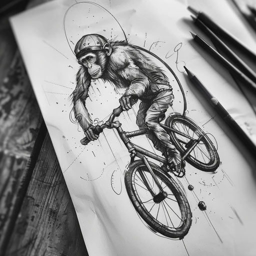 Sketch of a monkey riding a unicycle, playful and dynamic circus theme on white paper