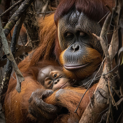 Intimate moment between orangutan mother and infant