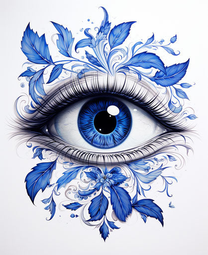 Black eye with dark blue leaves on white background