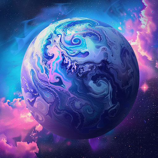 Photo realistic planet clipart with a flat random background, high contrast and saturated hues
